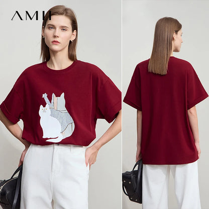 Damen Top im minimalistischen Stil mit O-Ausschnitt und bedrucktem Design