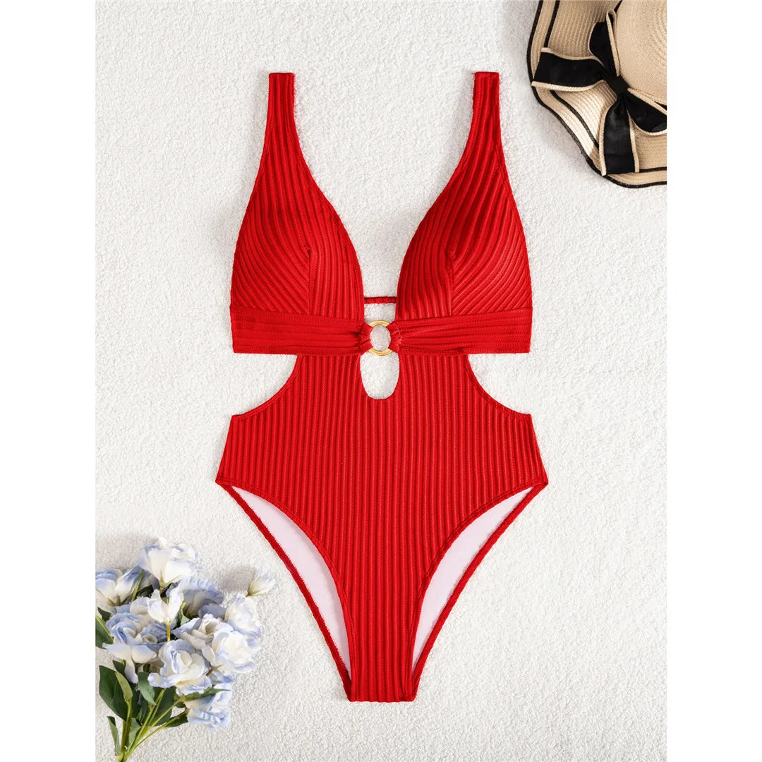 Damen Badeanzug tiefer V-Ausschnitt Cut-Out Monokini hoher Beinausschnitt 8 Farben