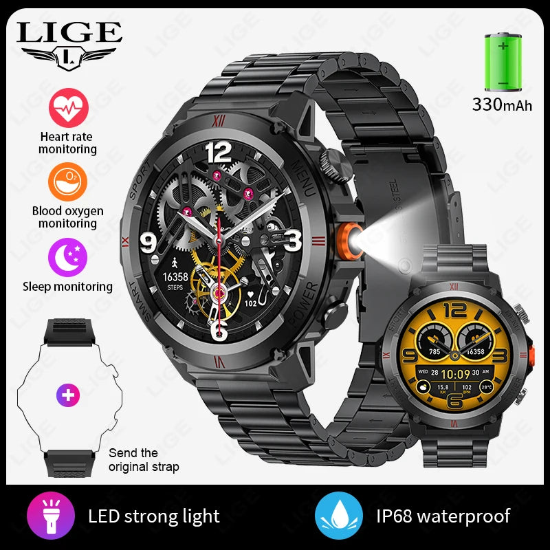 LIGE 2025 Neue männer Smartwatch Taschenlampe Herzfrequenz Blutdruck Gesundheit Überwachung Wasserdichte Intelligente Uhr Für Android IOS