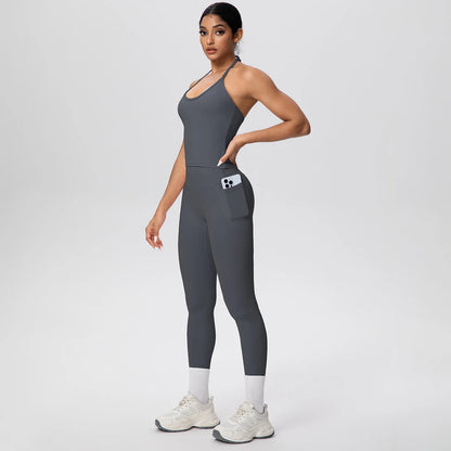 Dunkelgraues Yoga-Set: ärmelloses Top und Leggings mit Seitentasche