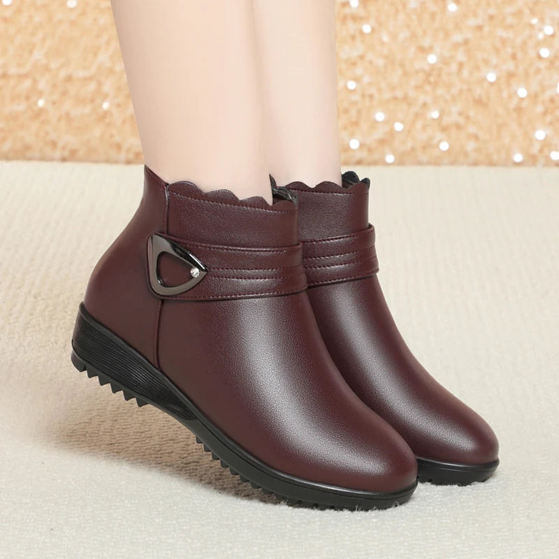 Damen Schneestiefel aus echtem Leder mit rutschfestem flachem Boden