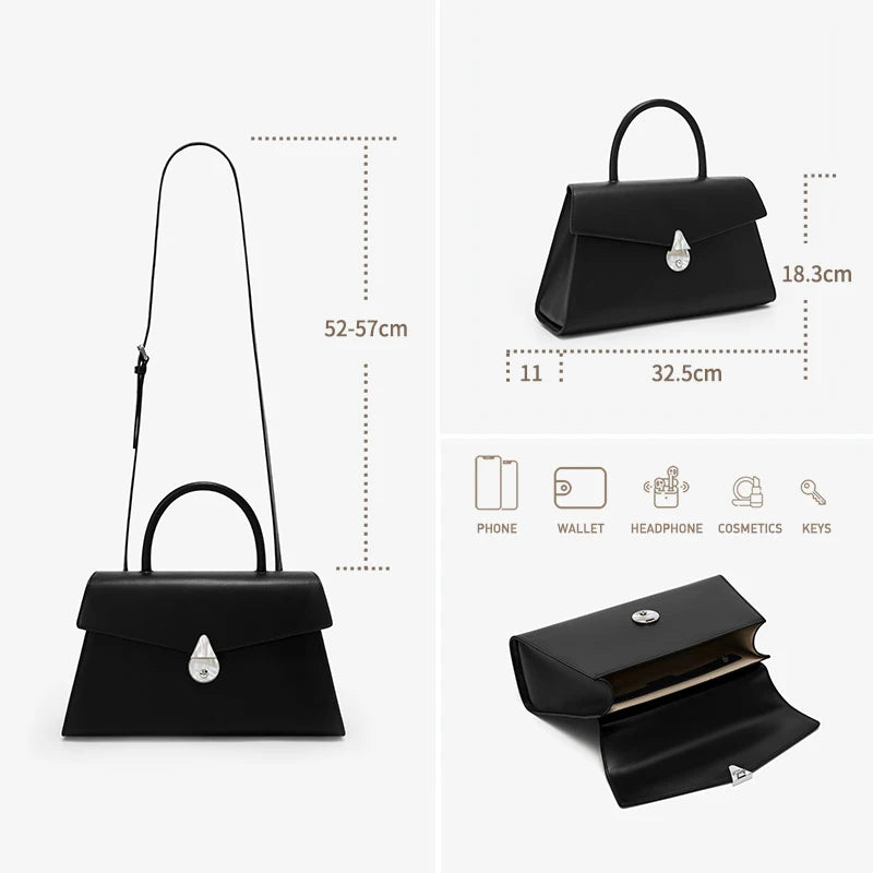 Schwarze Echtleder-Handtasche mit Maßenangaben und Zubehör-Icons
