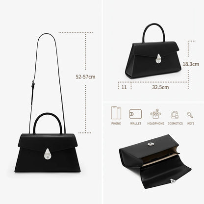 Schwarze Echtleder-Handtasche mit Maßenangaben und Zubehör-Icons