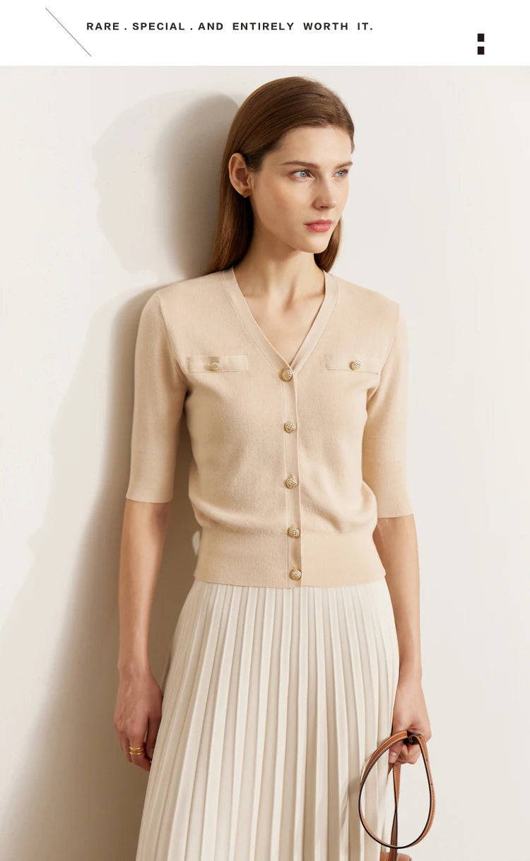 Damen-Strickjacke Baumwolle Slim Halbarm V-Ausschnitt Büro Frühling