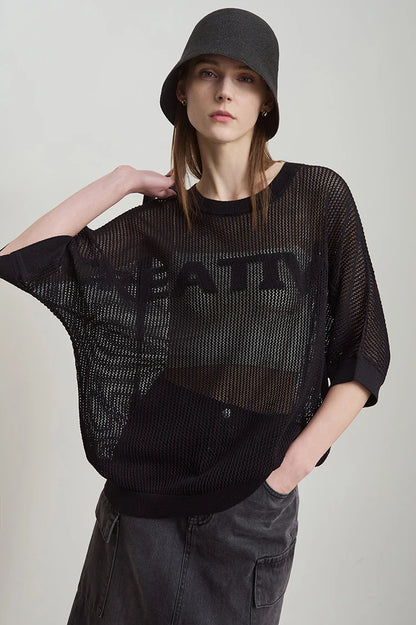 Damen-Strickpullover mit Rundhalsausschnitt, halben Fledermausärmeln, schwarzer Lochstrick