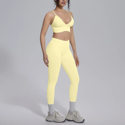 Yoga-Set für Damen mit gepolstertem Sport-BH und Leggings, hellgelb, vorne