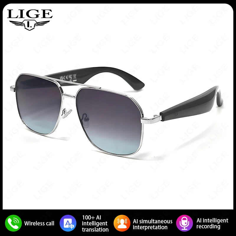 LIGE Intelligente Bluetooth-Brille AI Intelligente Übersetzung Echtzeit-Simultan-Interpretation Headset Drahtlose Anruf-Sonnenbrille