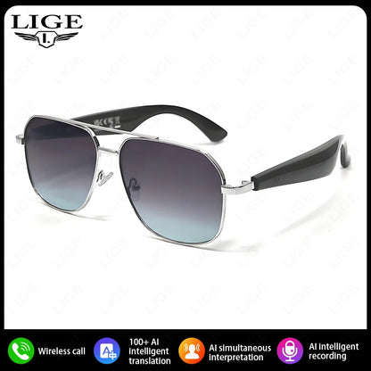 LIGE Intelligente Bluetooth-Brille AI Intelligente Übersetzung Echtzeit-Simultan-Interpretation Headset Drahtlose Anruf-Sonnenbrille
