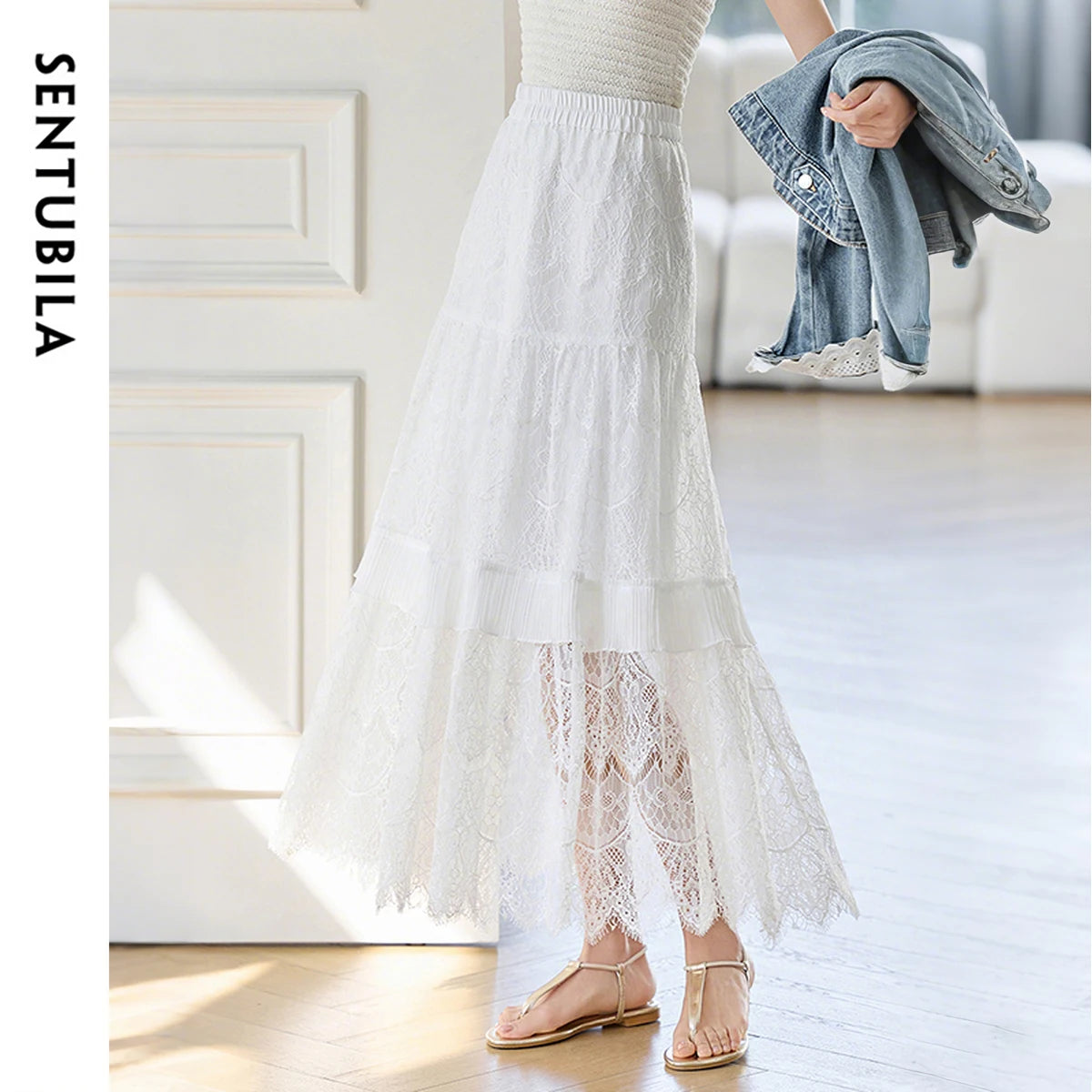 Damen A-Linie Rock aus Baumwolle mit eleganter Spitze und elastischer Taille