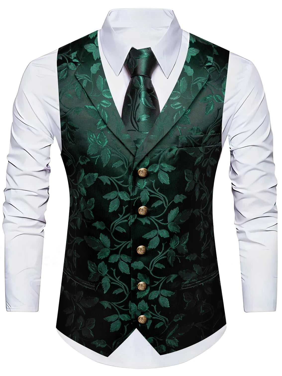 Herrenweste grün mit Blumen-Jacquard, goldene Knöpfe und dazu passende Krawatte