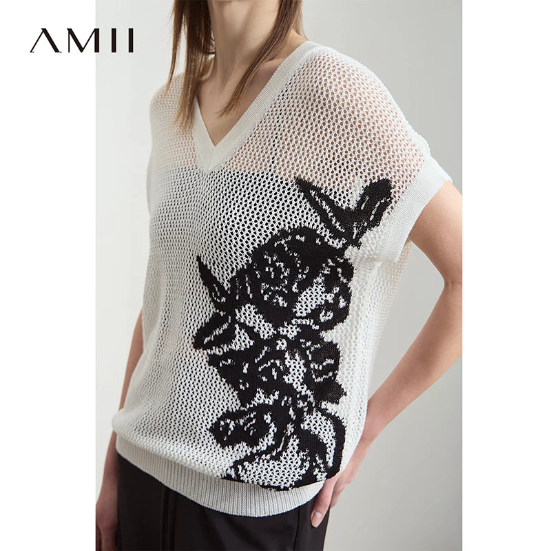 Damen V-Ausschnitt Pullover Viskose Kurzarm Aushöhlung Sommer