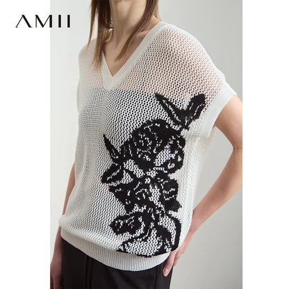 Damen V-Ausschnitt Pullover Viskose Kurzarm Aushöhlung Sommer