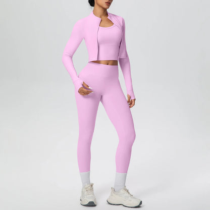 Rosa Yoga-Set mit Zip-Top und High-Waist-Leggings, sportlicher Zweiteiler vorne