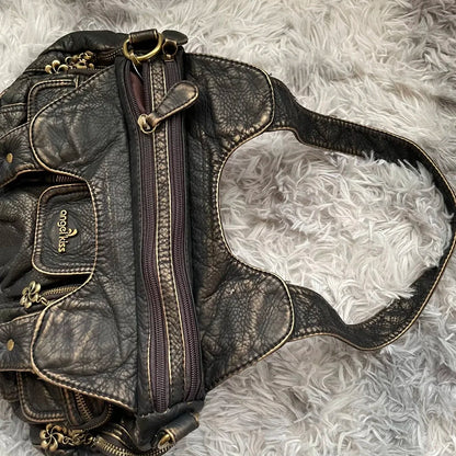 Damen-Hobo-Handtasche aus gewaschenem Leder Schwarz mit Reißverschluss und Innenfächern