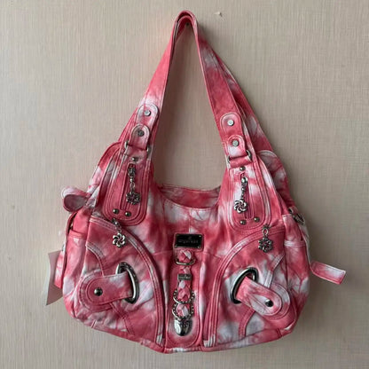Damen-Schultertasche Mit Tie-Dye Muster Und Top-Handle Tragegriff Für Uni Und Alltag
