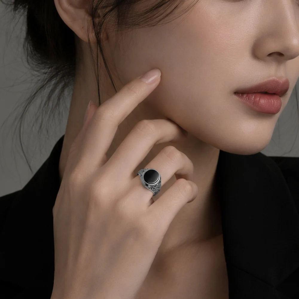 Damen-Ring ovaler Siegel schwarz Vintage aus Sterlingsilber