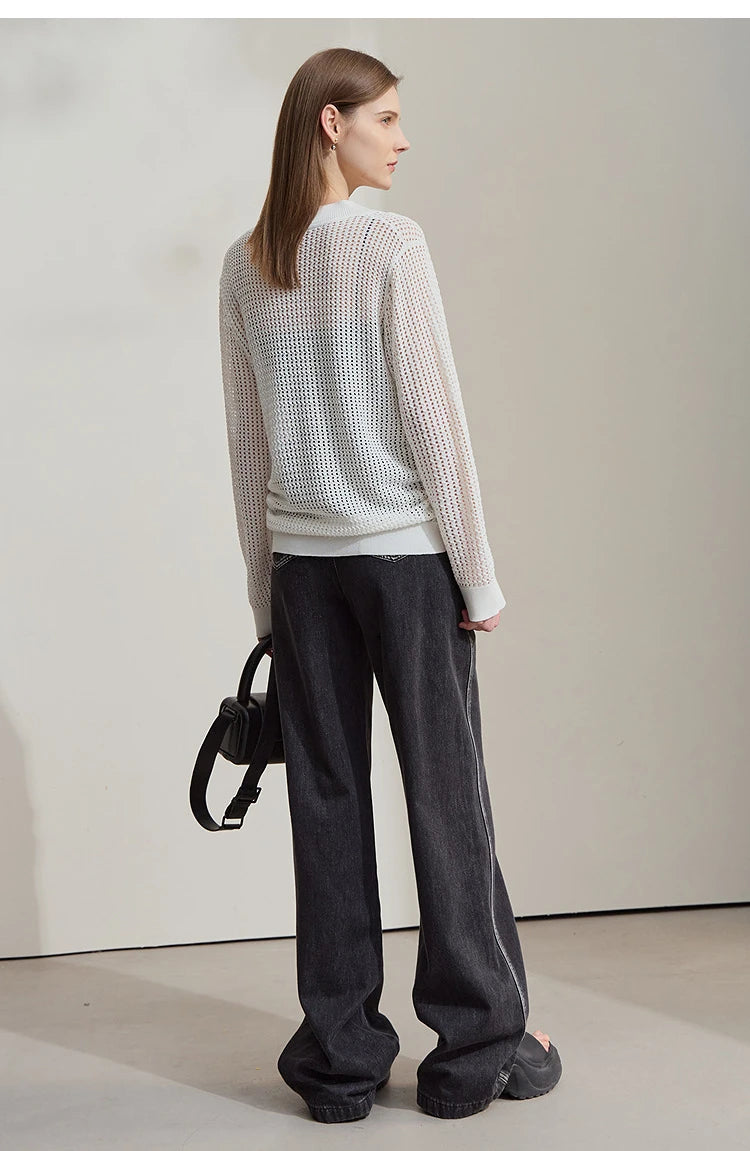 Damen-Lochstrickpullover, cremeweiß, lange Ärmel, lockerer Schnitt, Rückansicht