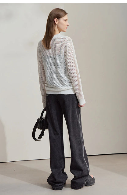 Damen-Lochstrickpullover, cremeweiß, lange Ärmel, lockerer Schnitt, Rückansicht
