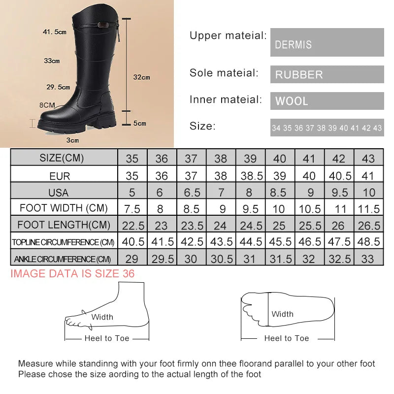 Größentabelle: hohe Winterstiefel, Material Oberteil Leder, Sohle Gummi, Innenfutter Wolle