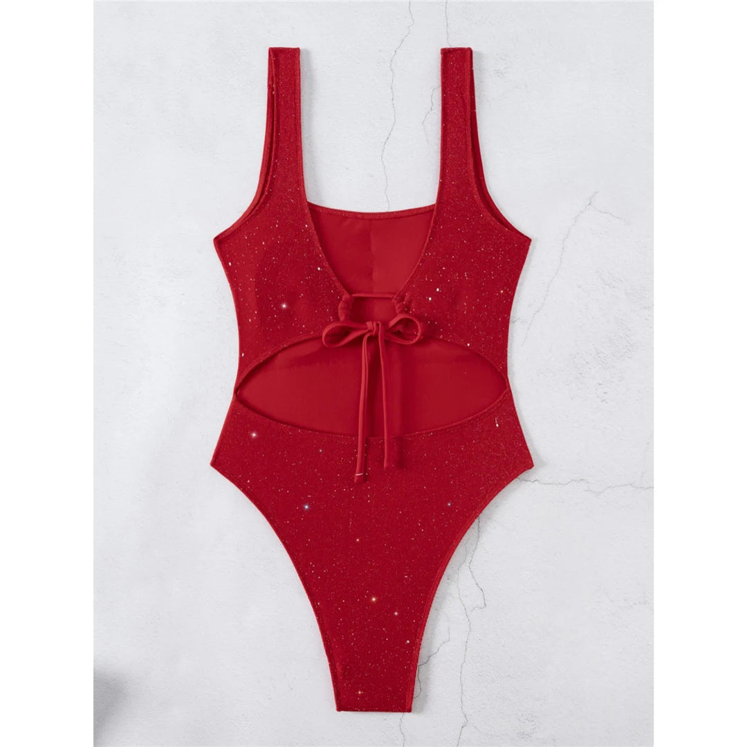 Damen-Badeanzug Glitzer Cut-Out rückenfrei High-Leg gepolstert
