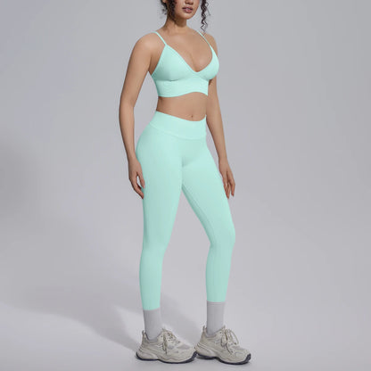 Mintgrünes Yoga-Set für Damen: gepolsterter Sport-BH und lange Leggings