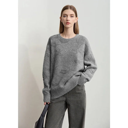 Locker sitzender Damenpullover mit Rundhalsausschnitt in Grau, Jacquard-Strick, langarm
