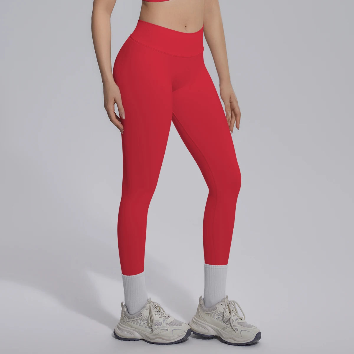 Nahtlose Yoga-Hose für Damen, rot, hohe Taille, 7/8-Länge mit weißem Knöchelrand