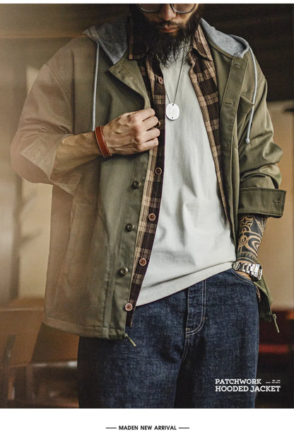 Herren Kapuzenjacke Vintage Patchwork Lässige Oberbekleidung Herbst Chore-Mantel Tasche