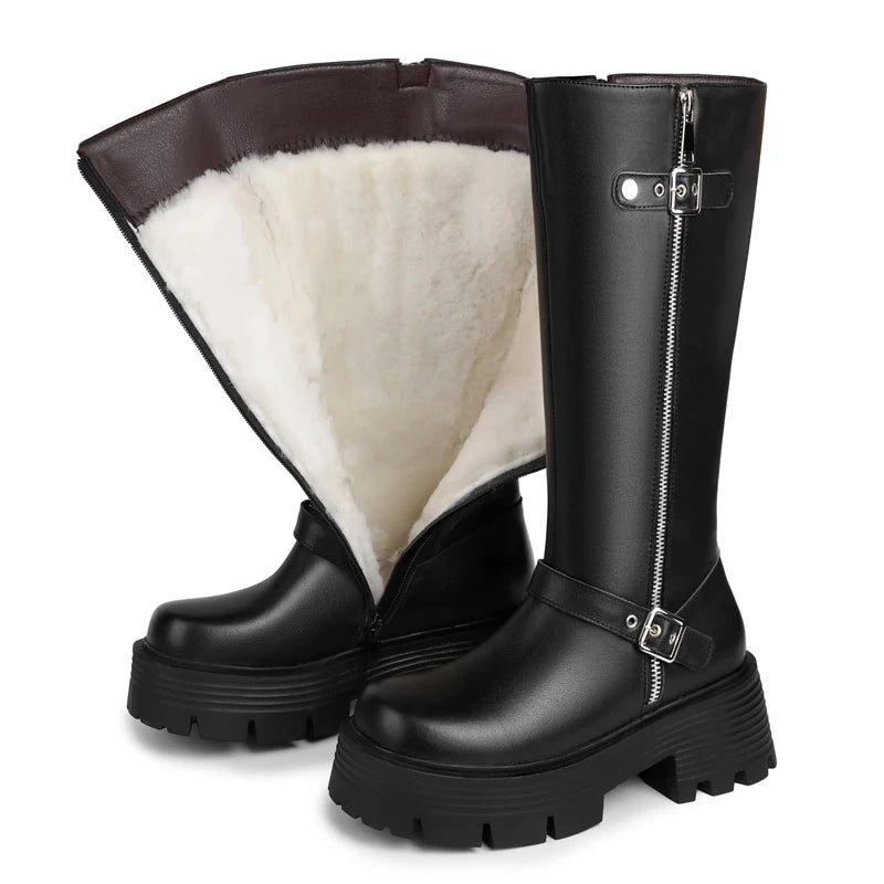 AIYUQI Women Winter Boots Genuine Leather 2025 New Natural Wool Warm Women Tenor Boots British Style Platform Women's Snow Boots