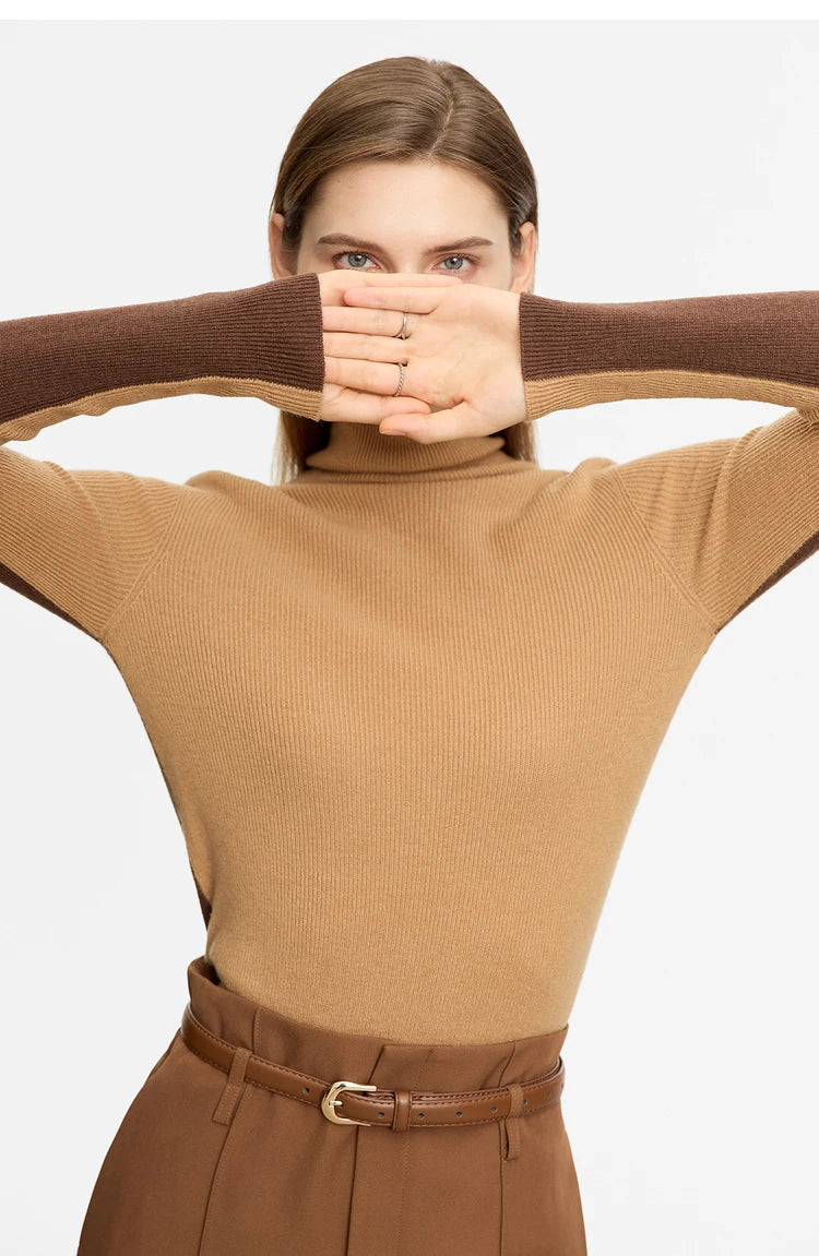 Damen-Rollkragenpullover 100 % Wolle Farbkontrast Slim Fit Frühling