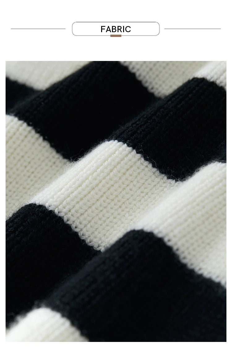 Nahaufnahme Strickmuster: breiter Streifen in Schwarz und Weiß am Rollkragenpullover