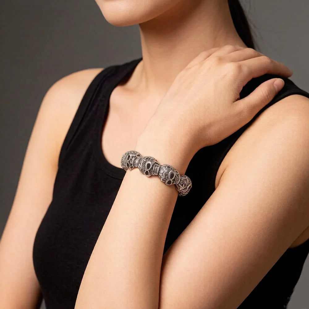 Damen-Armband Fleur-de-lis Skull Punk Bead aus Sterlingsilber
