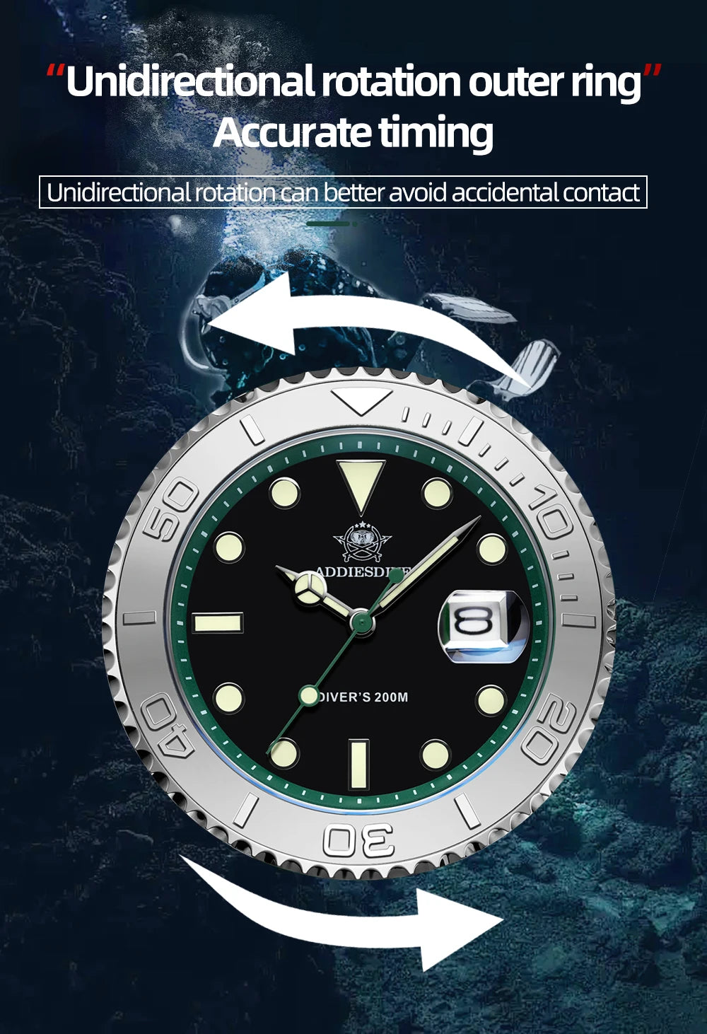 ADDIESDIVE 41mm AD2040 Sports Diver Watch TPU rubber belt Blue Luminous Reloj Hombre 200m Waterproof Quartz Watches