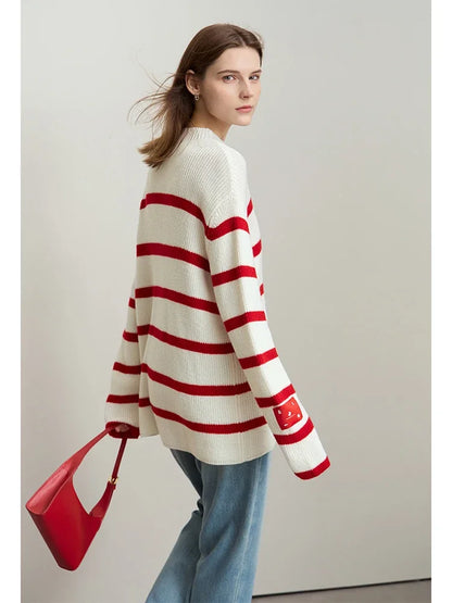 Damen-Strickjacke Streifen Stehkragen Kontrastfarben locker Weihnachten Winter