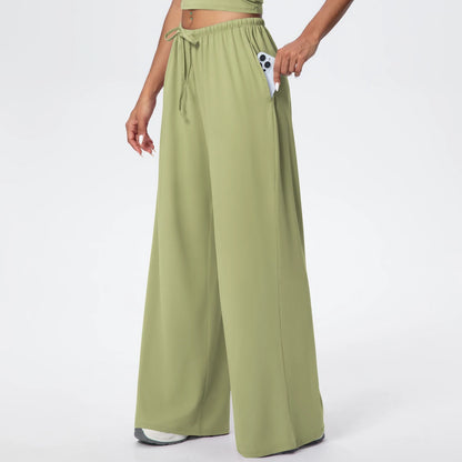Yoga-Hose Damen, hohe Taille, weites Bein, mit Taschen, hellgrün