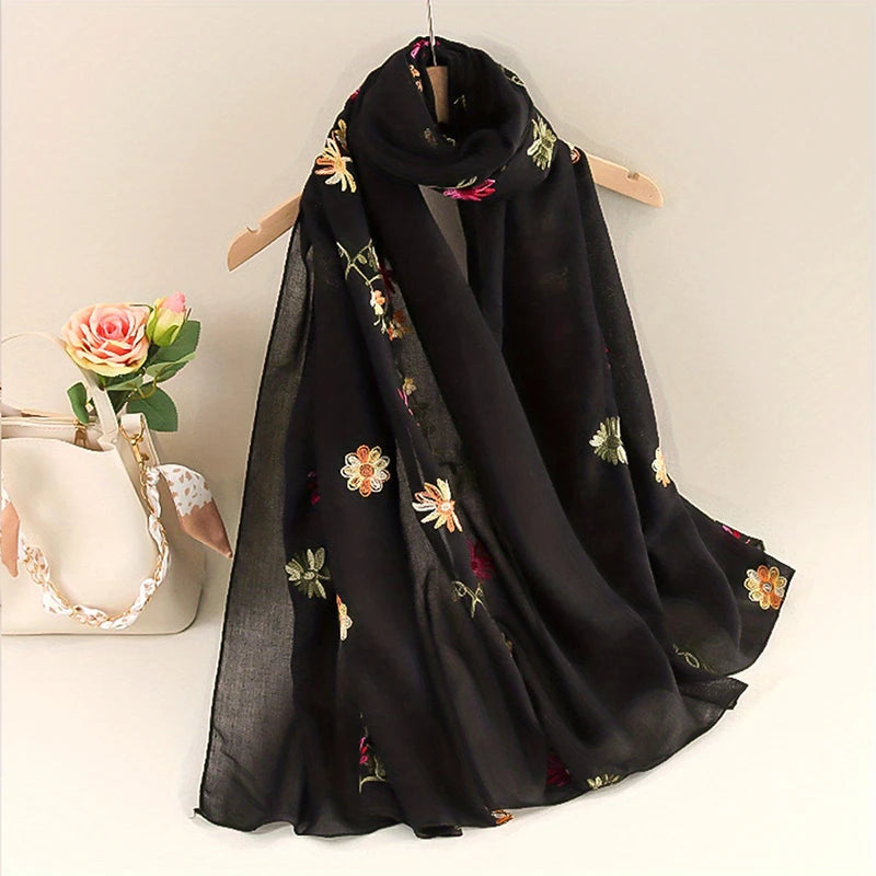 Damen Baumwoll Leinen Schal Farbverlauf Stickerei Bandana Hijab Sommer Sonnenschutz