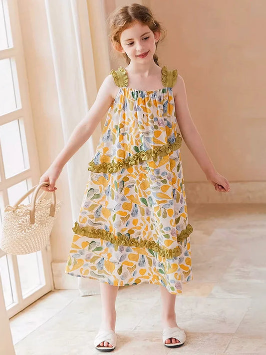 Ärmelloses Sommerkleid für Mädchen im chinesischen Stil aus 100% Baumwolle mit kleinem Blumenmuster – Cheongsam für Kinder von 3 bis 14 Jahren