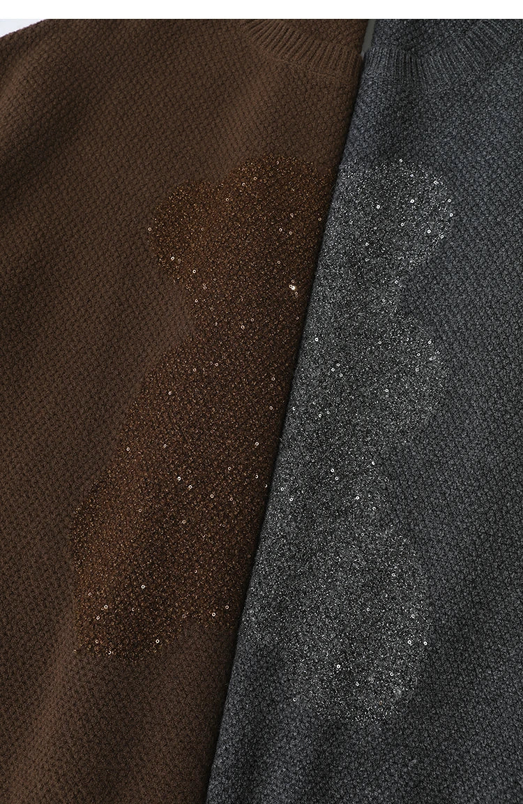 Damen-Rundhalspullover Jacquard Aushöhlung Perlenstickerei locker Winter