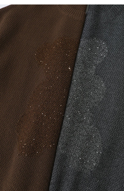 Damen-Rundhalspullover Jacquard Aushöhlung Perlenstickerei locker Winter