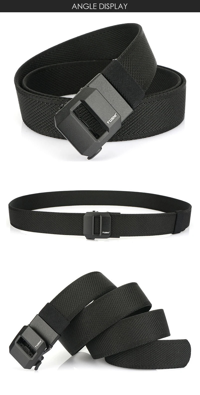 Unisex-Gürtel aus elastischem Nylon mit mattschwarzer Schnalle in 38 mm Breite und Tragekomfort