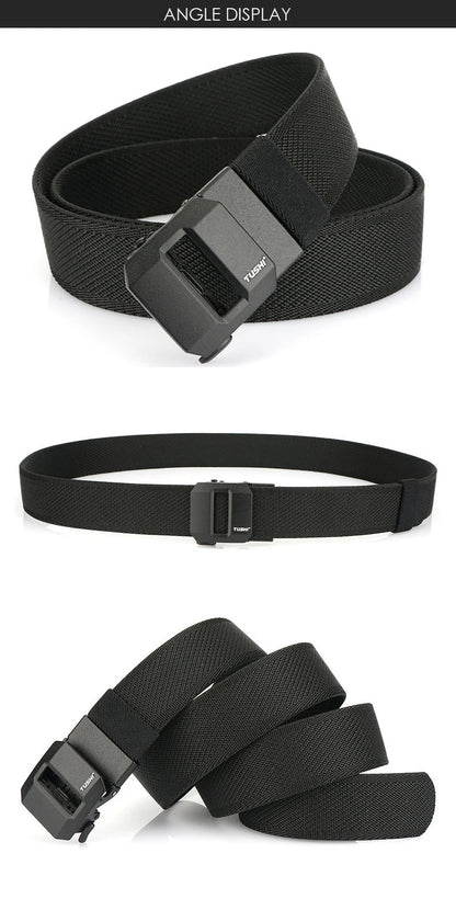 Unisex-Gürtel aus elastischem Nylon mit mattschwarzer Schnalle in 38 mm Breite und Tragekomfort