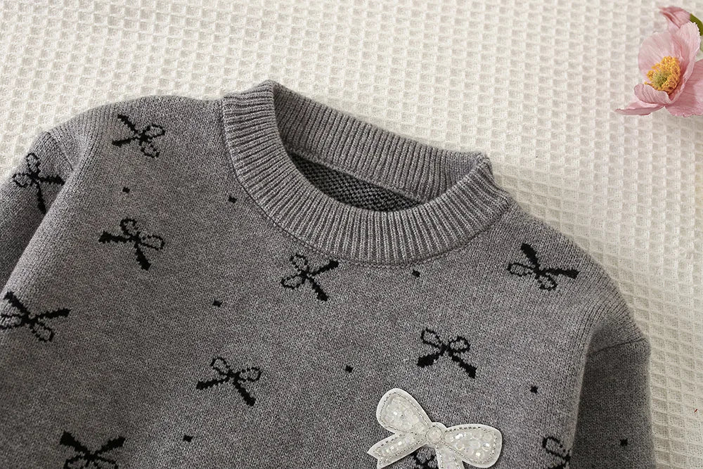 Mädchen Kleidungsset mit Bogen Druck Pullover und Faltenrock im 2-Teile Design