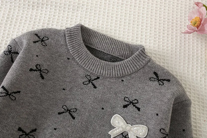 Mädchen Kleidungsset mit Bogen Druck Pullover und Faltenrock im 2-Teile Design