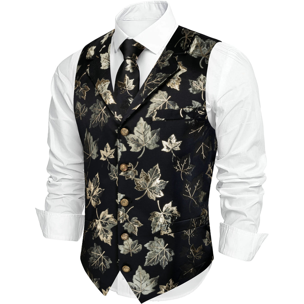 Herrenweste mit Jacquard-Ahornblättern in Schwarz und Hellgold, Revers und Knöpfe
