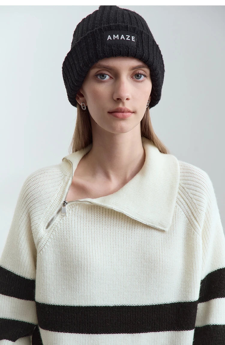 Damen-Rollkragenpullover, cremeweiß mit breiten schwarzen Streifen, Reißverschluss vorn