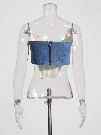 Asymmetrische Damen-Jeans mit hohem Bund und Colorblock-Design – modische Spliced-Denim-Hose für Frauen.
