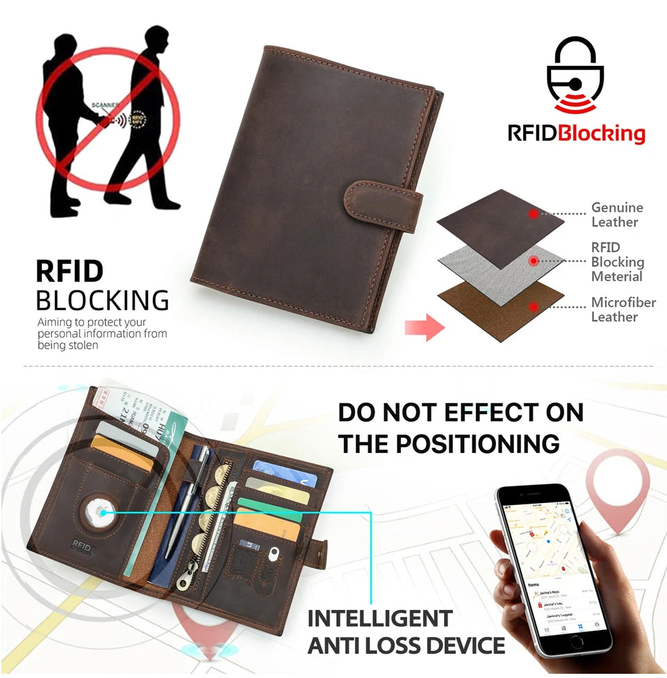 Reisepass-Brieftasche aus dunkelbraunem Leder mit RFID-Schutz und Druckknopf-Verschluss.