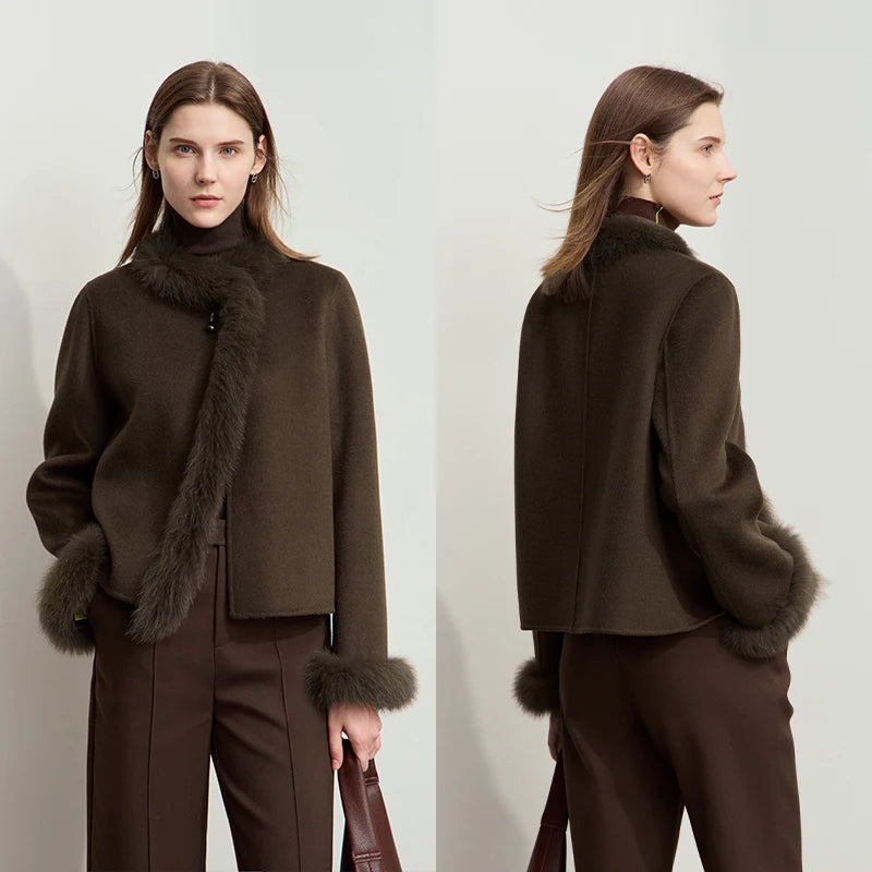 Damen Wollmantel im minimalistischen Design mit doppelseitigem Fuchshaarkragen