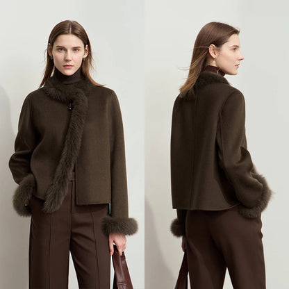 Damen Wollmantel im minimalistischen Design mit doppelseitigem Fuchshaarkragen