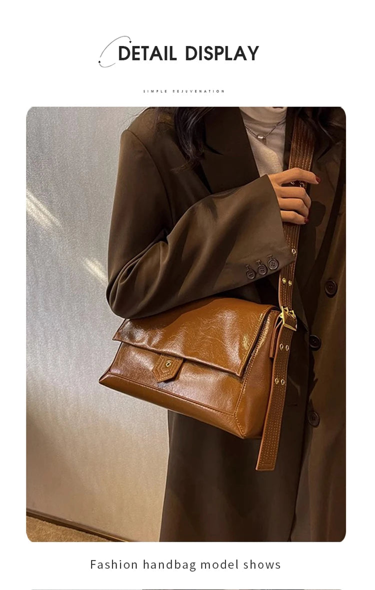 Damen Schultertasche aus Spaltleder und PU im Retro-Stil